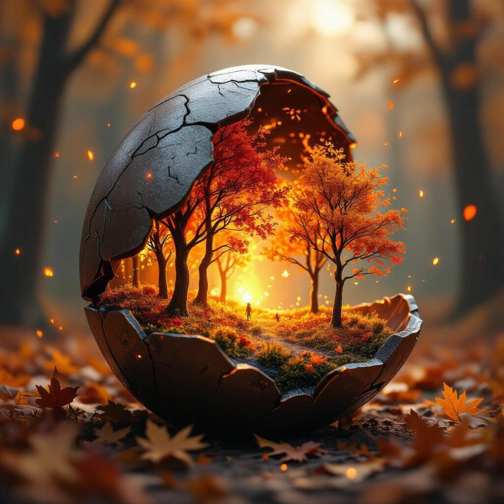 Miniature Autumn Forest in Metallic Seed, Glowing Amber Vein...