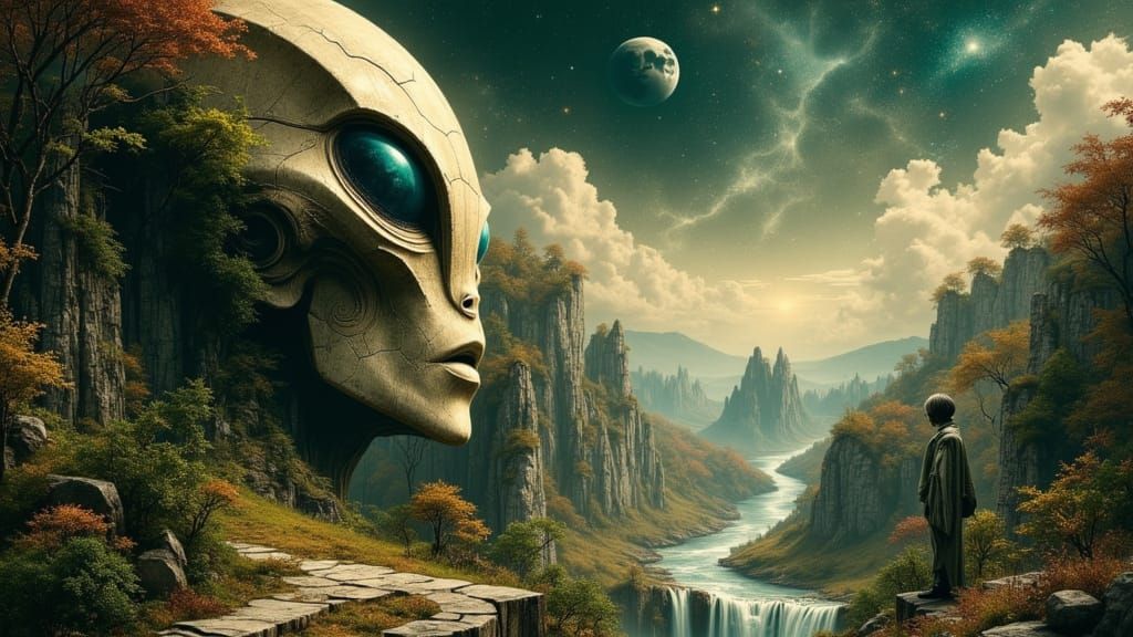 Gritty Noir Jungle Planet with Ancient Alien Face