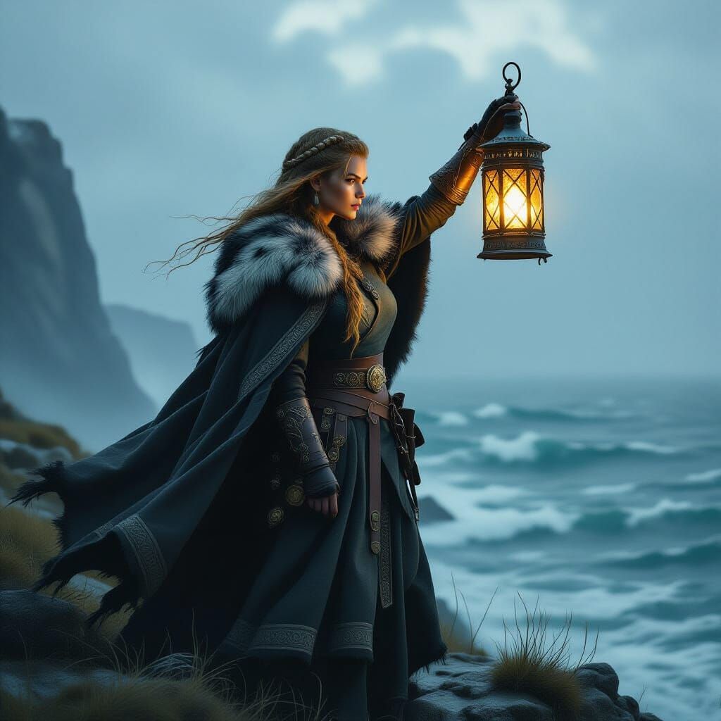 Viking Woman with Lantern on Stormy Cliff