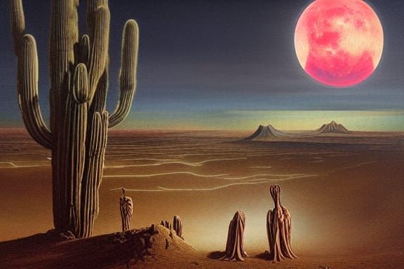Surreal Desert Landscape with Glowing Pink Moon as Oil Paint...