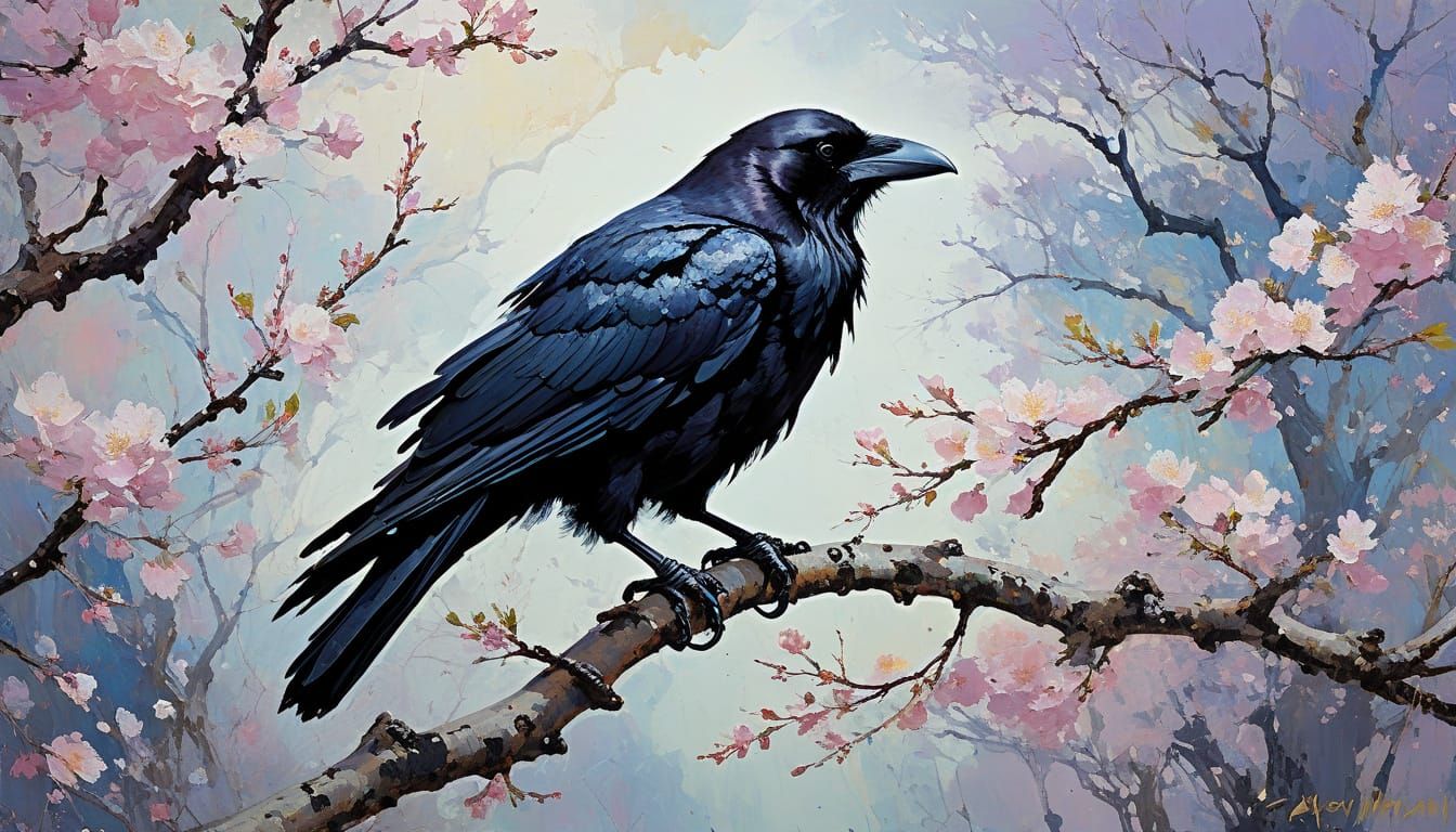 Black Crow on Skull Amid Cherry Blossoms in Leroy Neiman Sty...