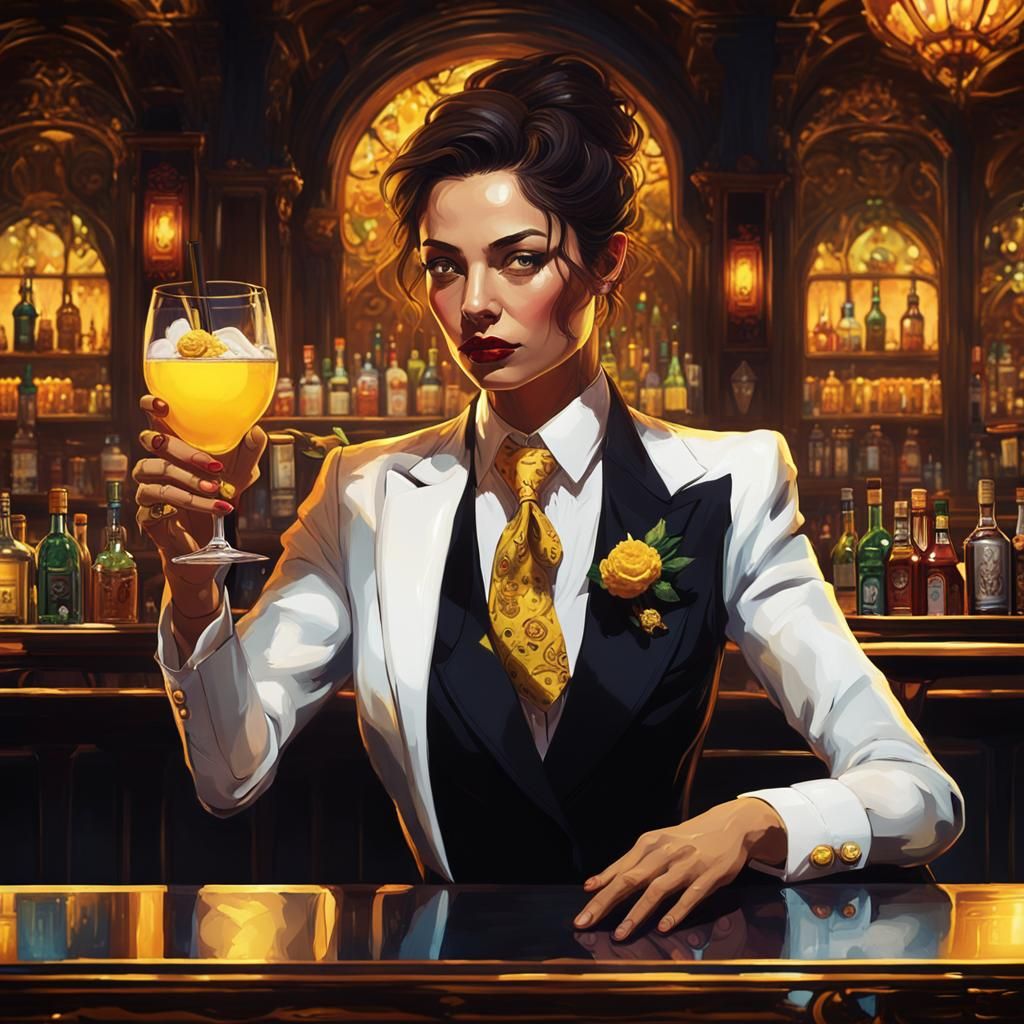 Woman in Suit Sips Drink in Lavish Bar