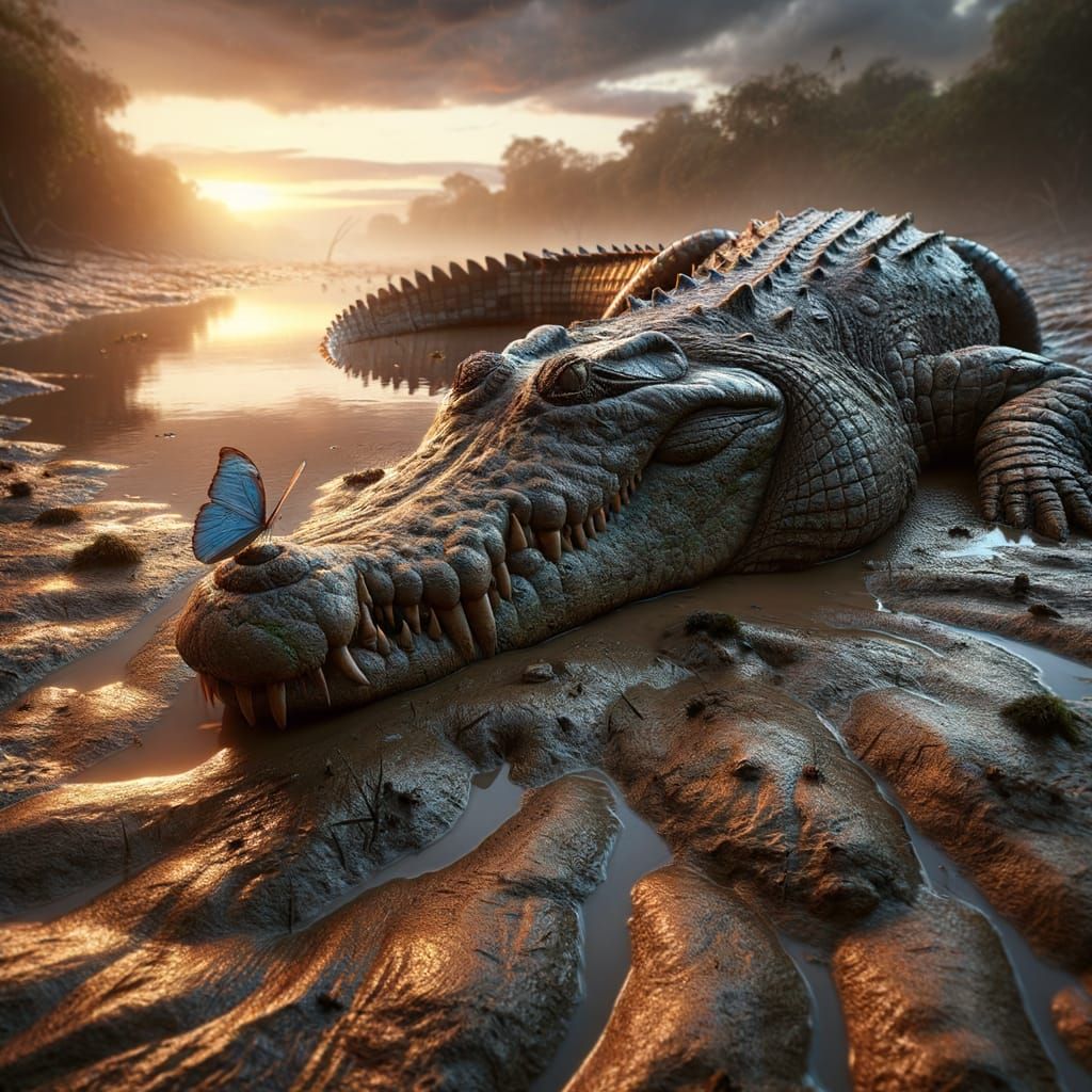 Serene Crocodile and Butterfly on Riverbank at Sunset