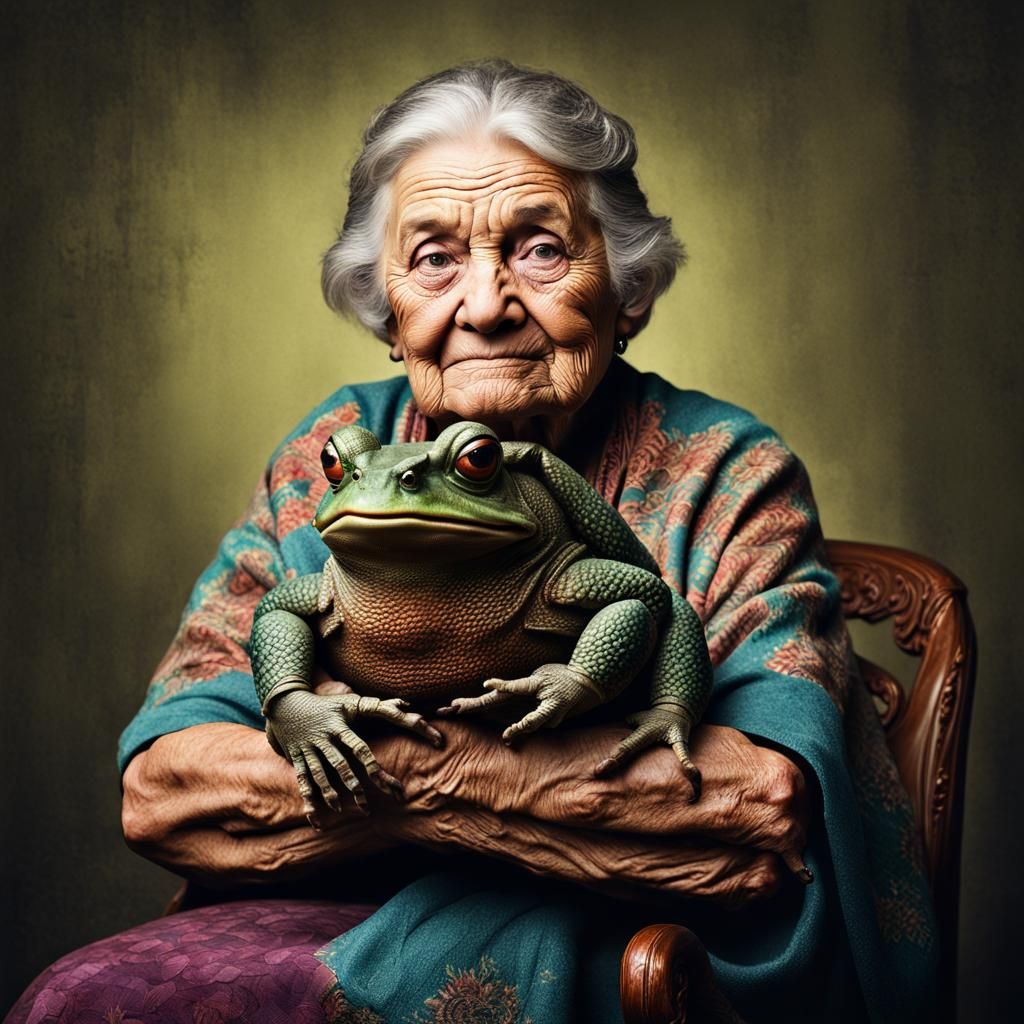 Old Lady with Oversized Toad: Photorealistic Studio Portrait