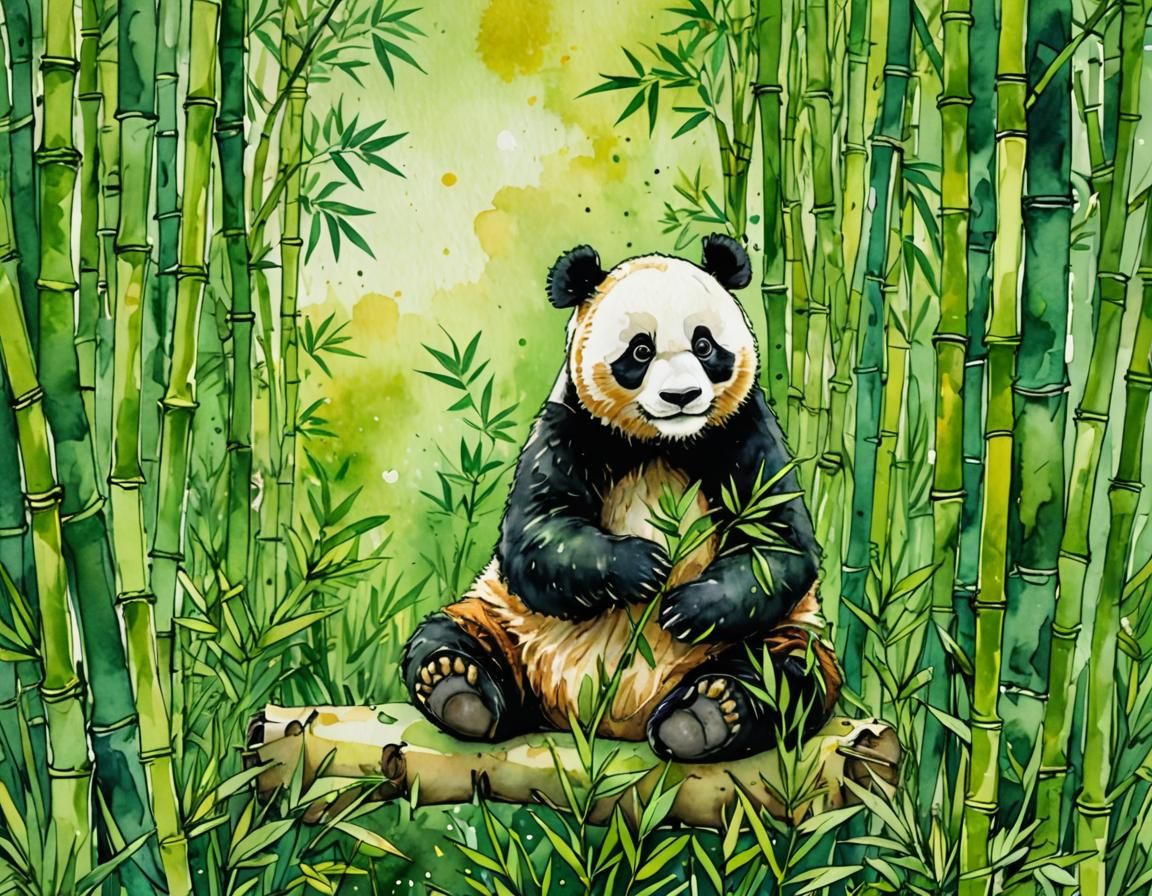 Green Panda Consuming Bamboo: Watercolour Masterpiece