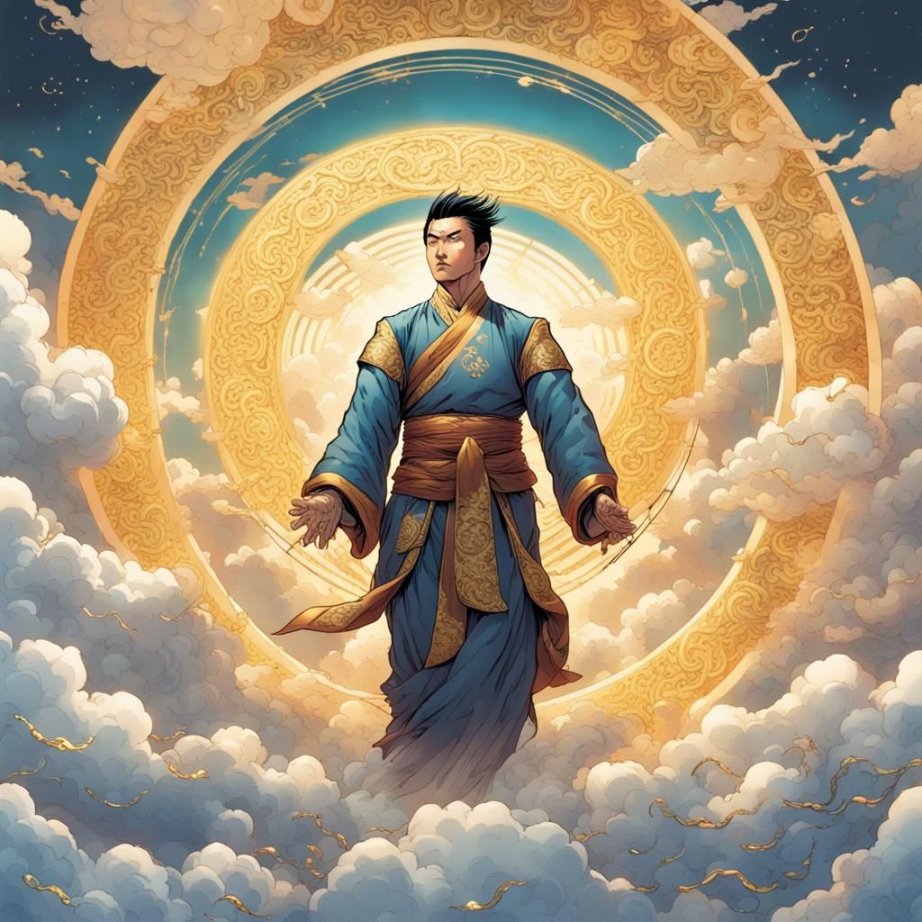 Eastern Asian Man Surrounded by Auspicious Clouds