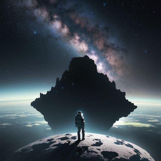 Astronaut on Floating Island Gazing at Nebula