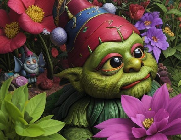 Grotesque Gnome in Luric Garden Oil Painting