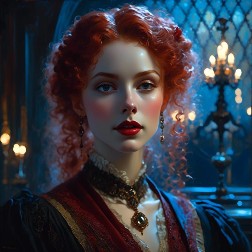 Victorian Vampire Mina Harker in the style of Edward Cucuel