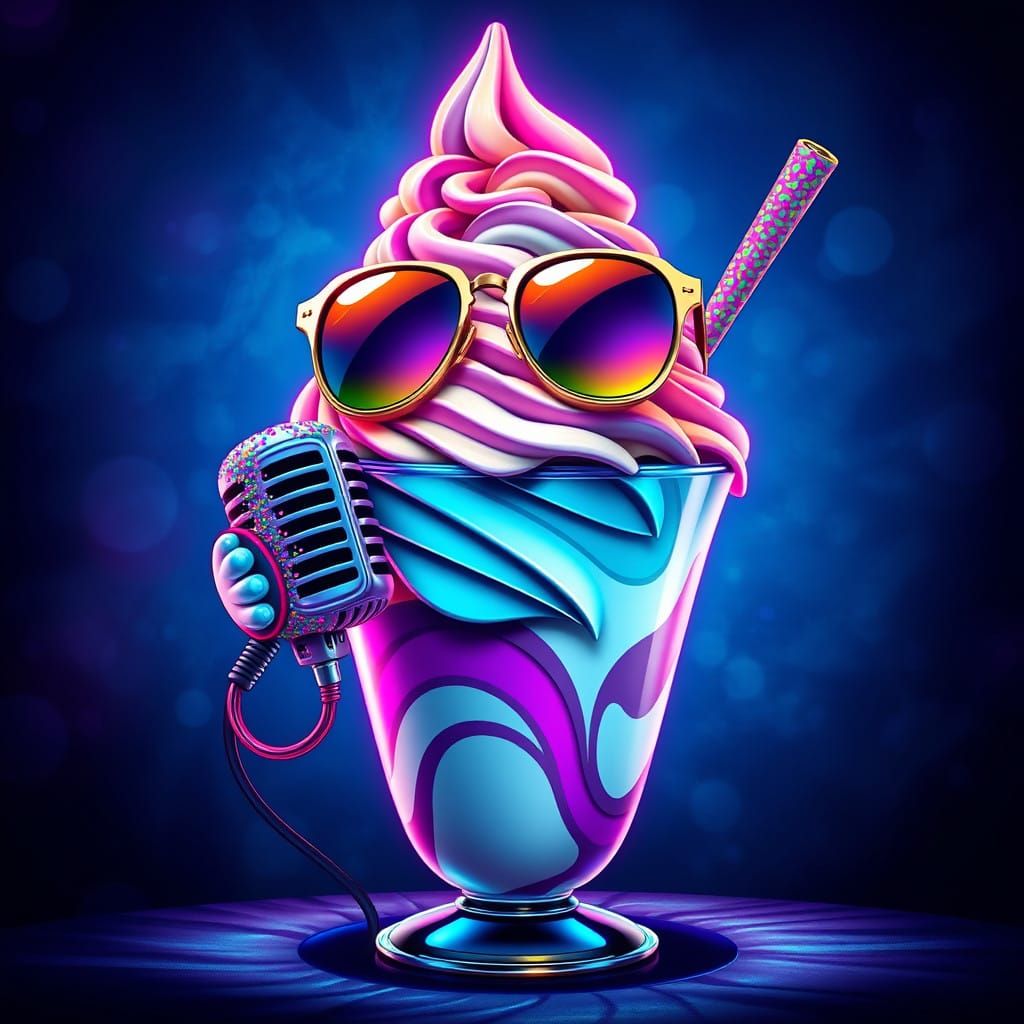 Surreal Ice Cream Sundae with Sunglasses and Microphone in a...