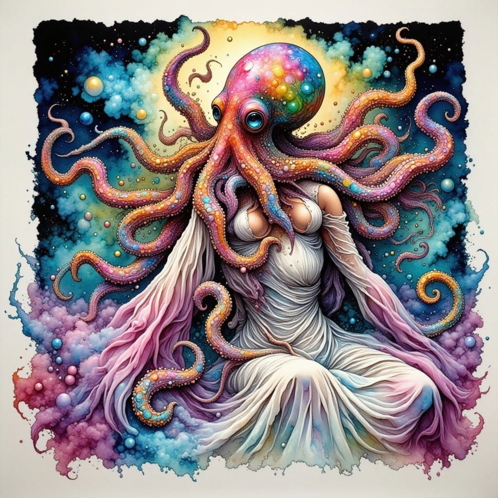 Rainbow Octopus Dreamscape in Charcoal and Ink