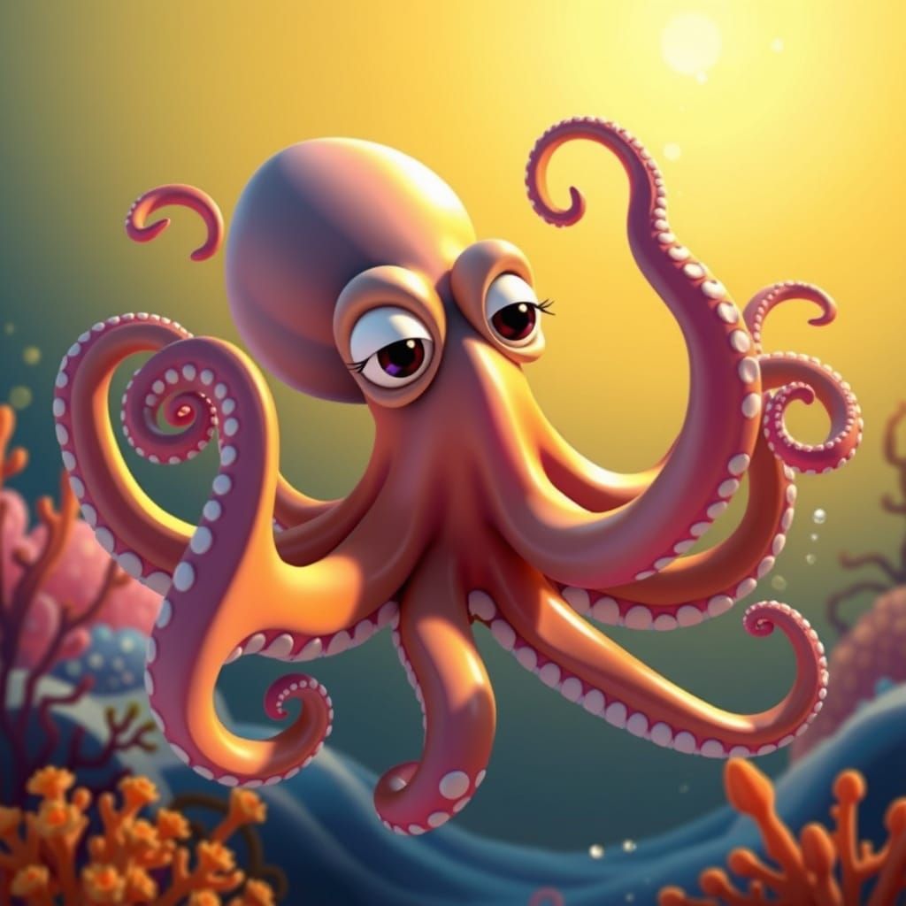 Vibrant Disney-Style Octopus in Whimsical Oceanic Setting
