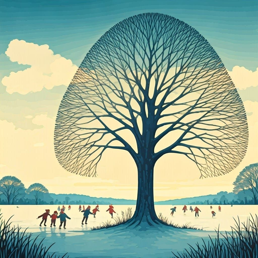 Winter Landscape with Children Skating, Whimsical Illustrati...