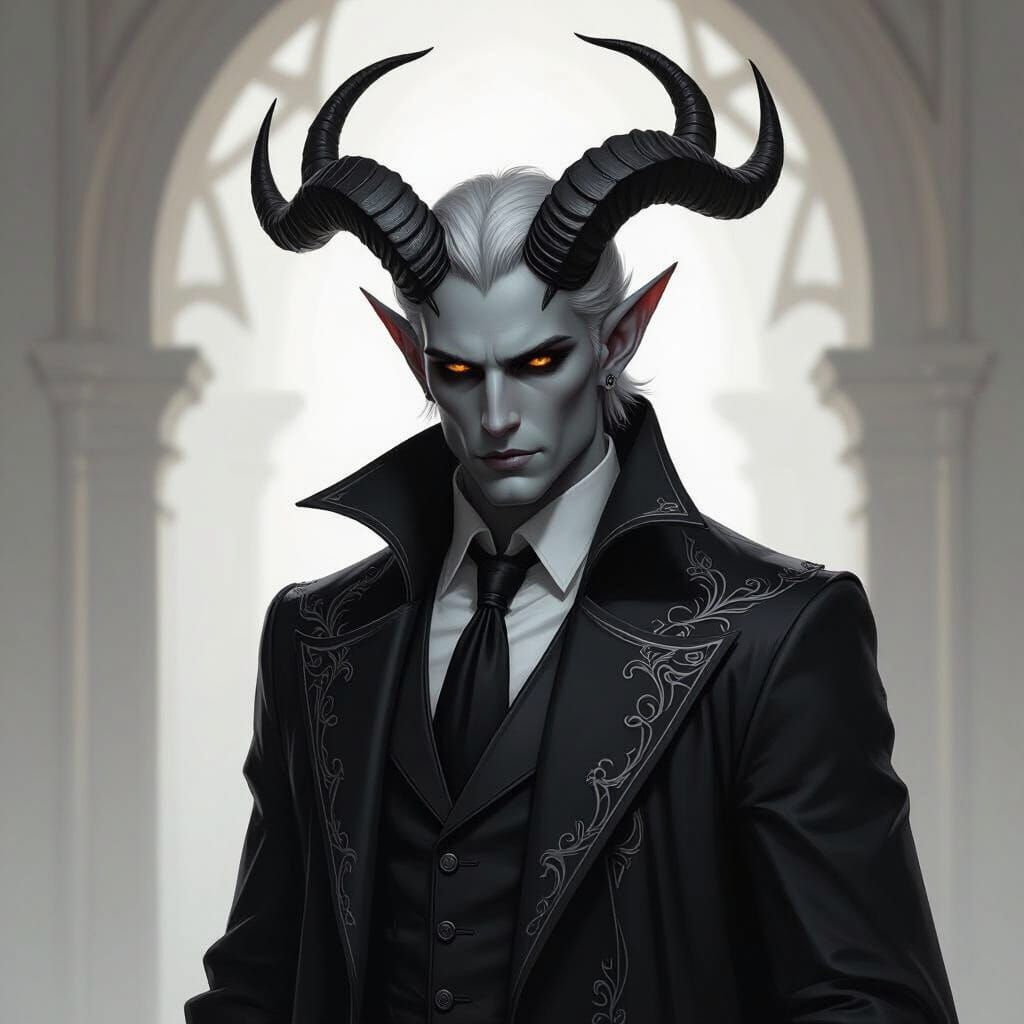 Ash Grey Tiefling Councilman in Dark Fantasy Concept Art