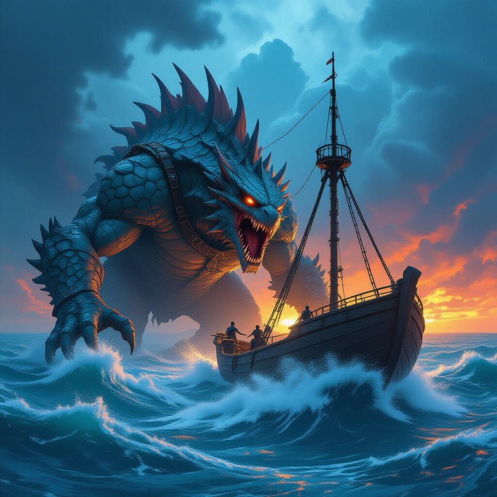 Colossal Creature Pulls Ship from Stormy Sea
