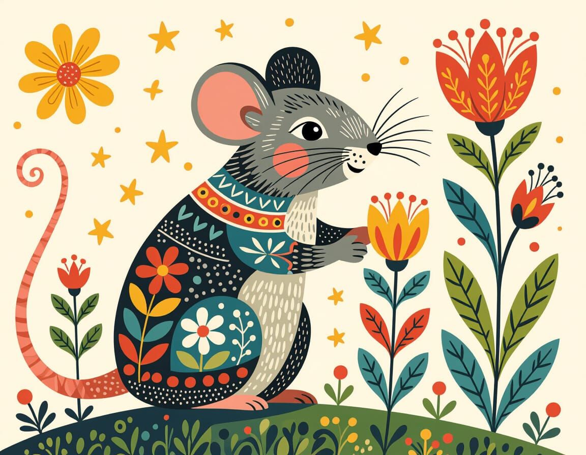 Mouse and Flowers in Scandinavian Folk Art Style