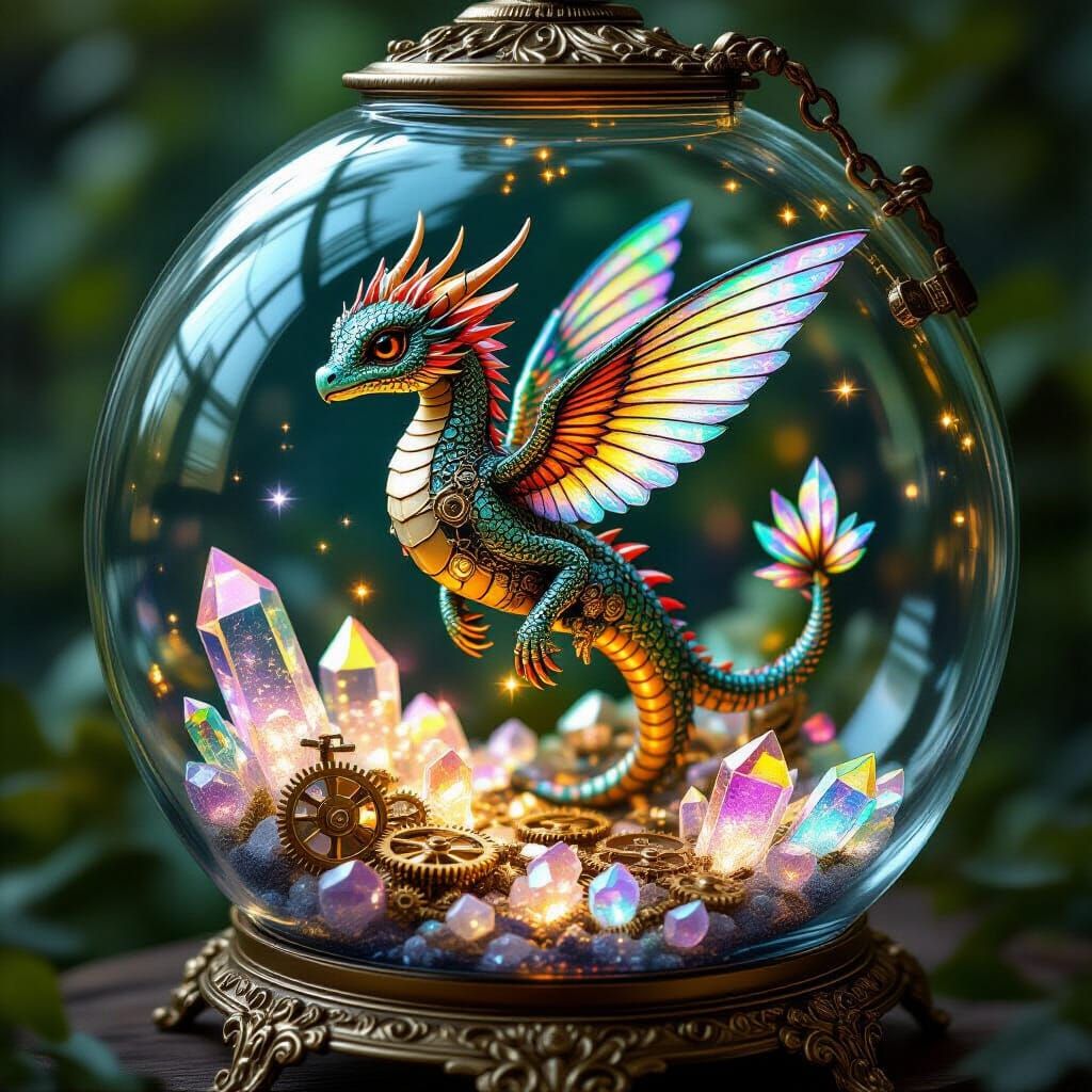 Steampunk Hummingbird Dragon in Clockwork Terrarium