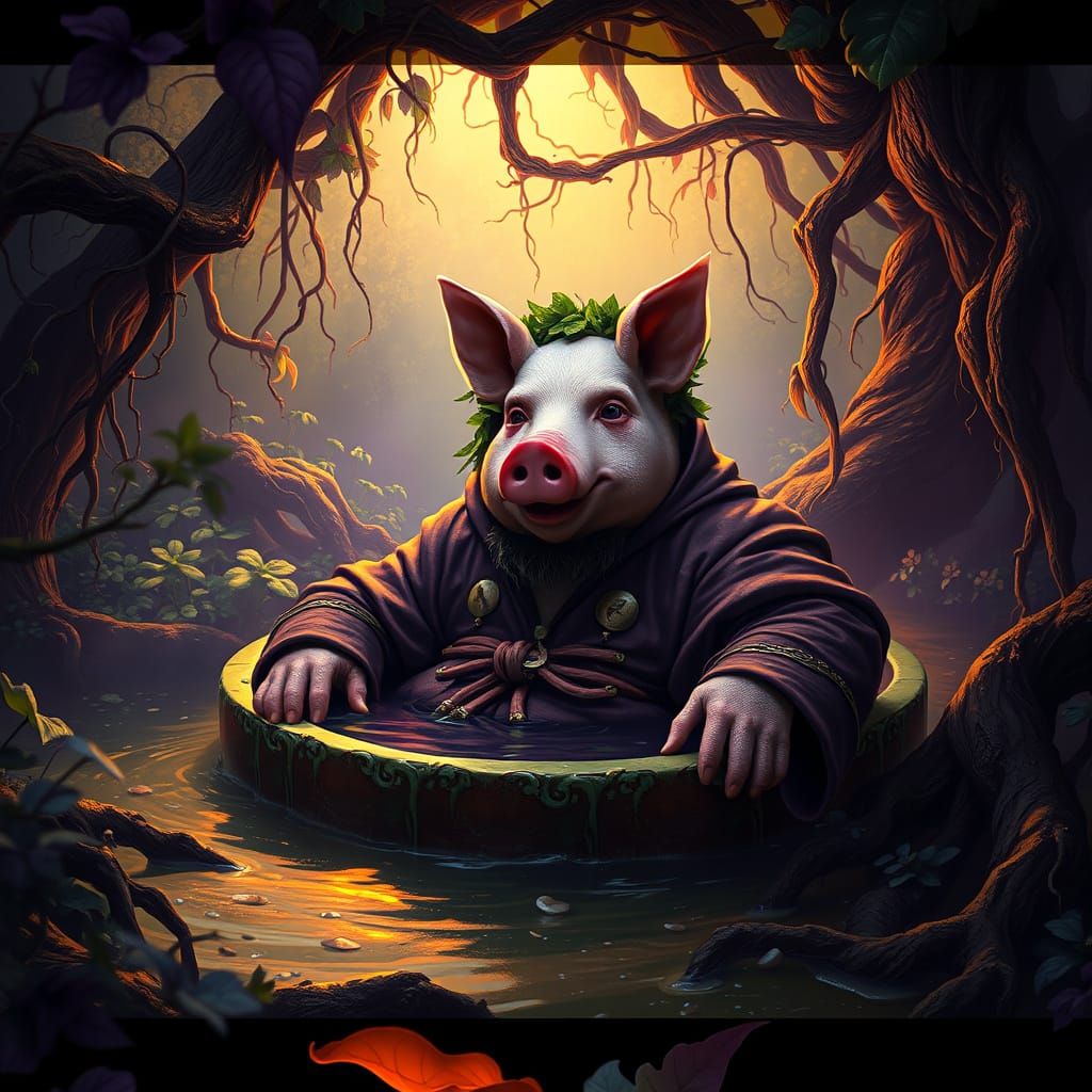 Pig-Headed Man's Mud Bath in Dark Fantasy Art