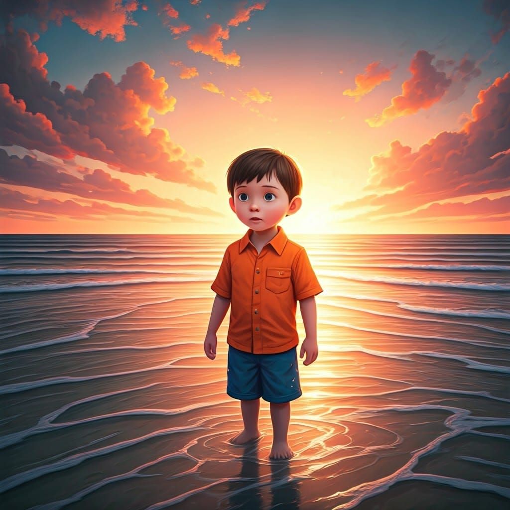 Boy Gazing at Sunset Waves, Hyperrealistic Concept Art