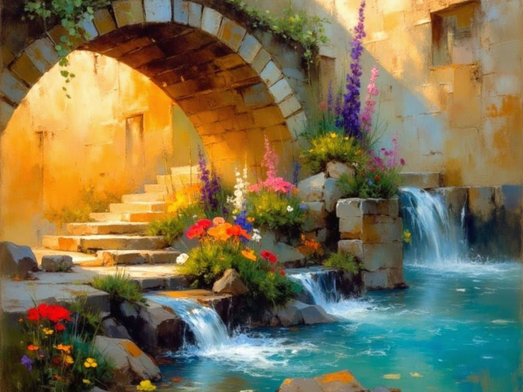 Vintage Stone Bridge Over Stream in Grunge Style