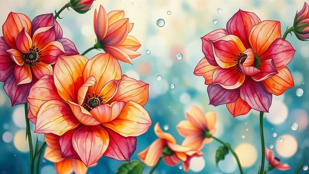 Stained-glass watercolor ink flowers in rain