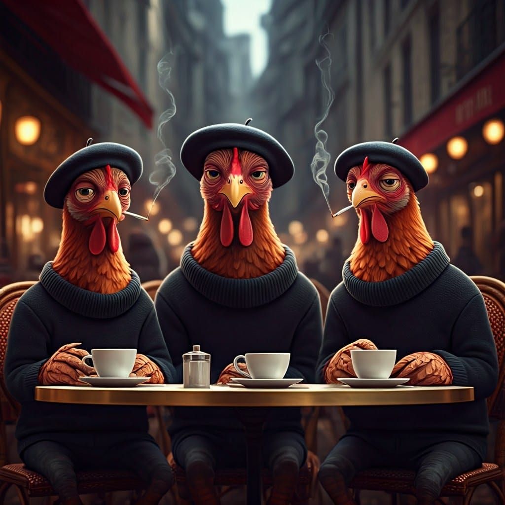 Three Avant-Garde Chickens Enjoying French Cafe Life in Fine...