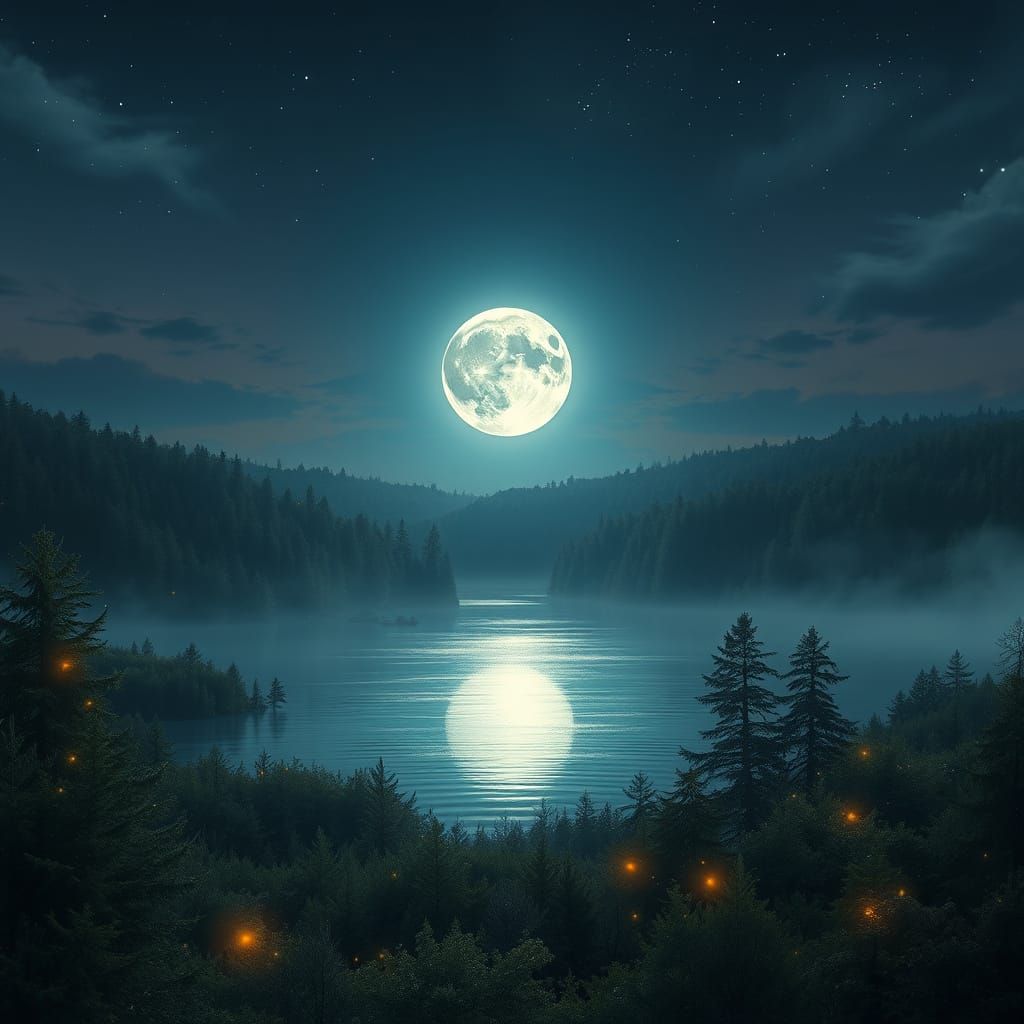 Surreal Moonlit Lake Scene in Whimsical Hyperrealism
