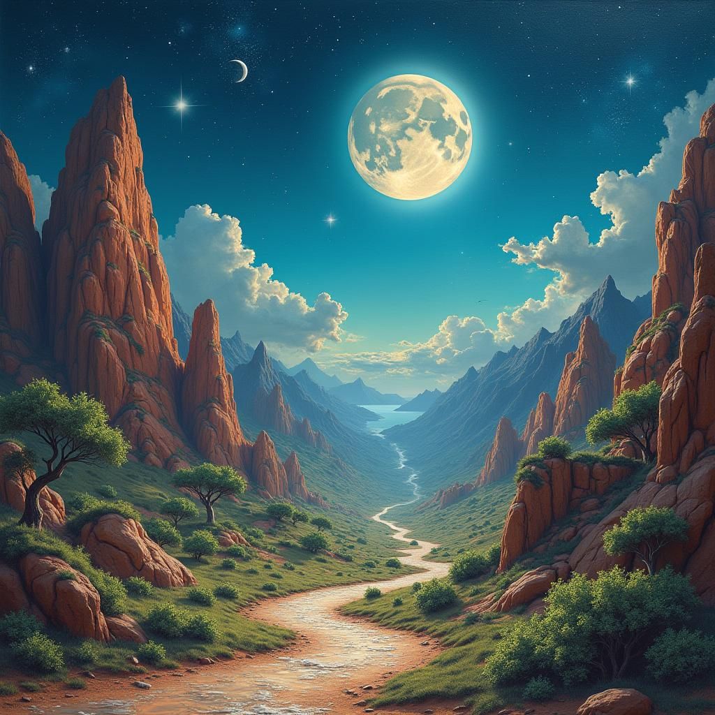 Surreal Fantasy City Under Starry Moonlit Sky