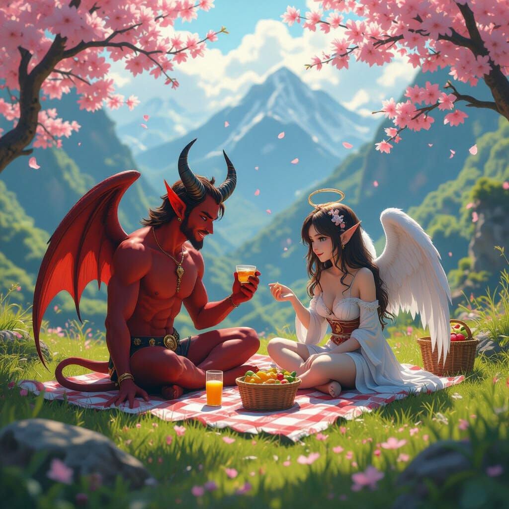 Devil and Angel Enjoying a Humorous Picnic in Anime Style