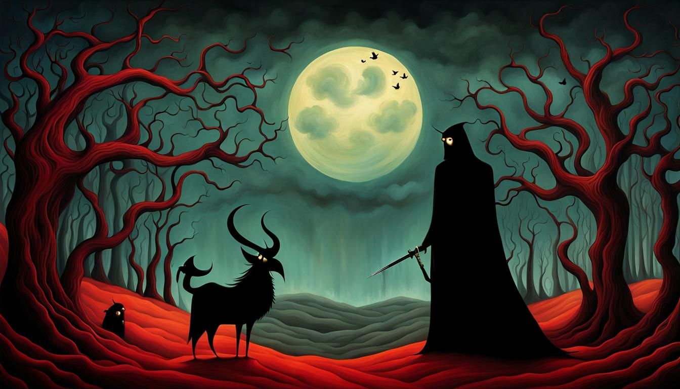 Grim Reaper and Devil in Surreal Landscape