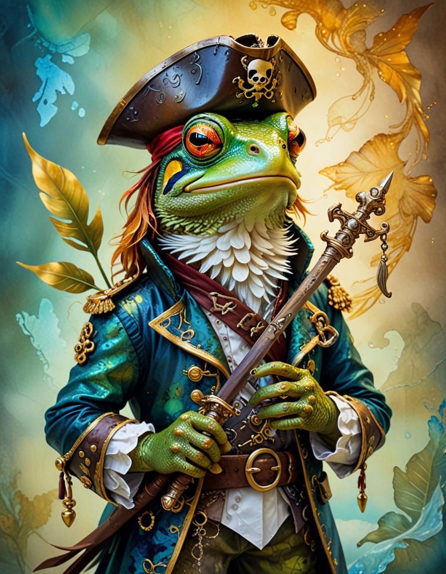 Frog Pirate in Surrealist Alcohol Ink Painting