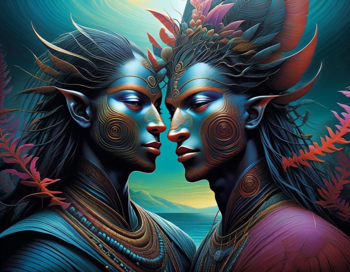 Surreal Androgynes Dancing, Botanical Art Style