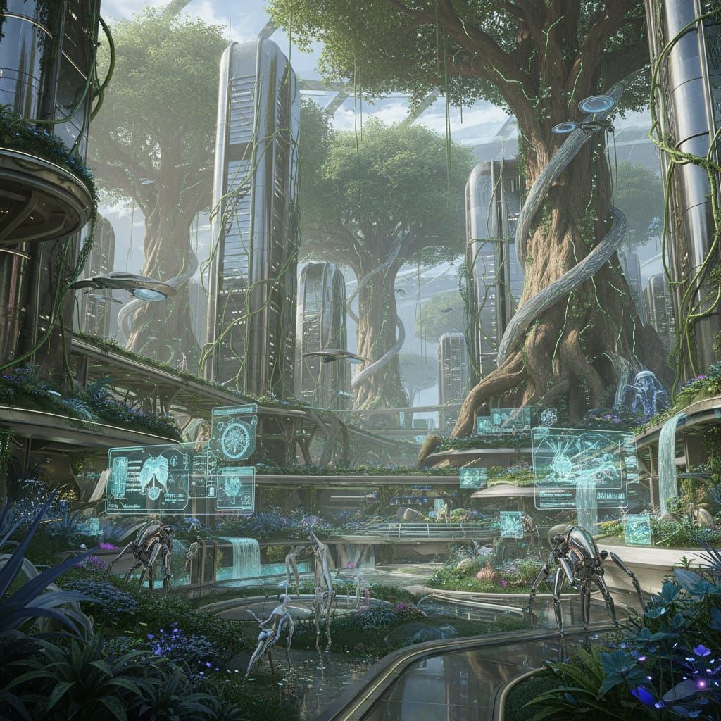 Futuristic City Garden with Sleek Machines and Glowing Flora