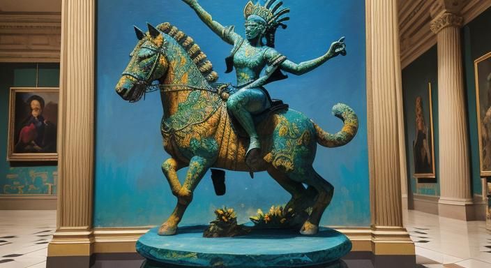 Fauvist Sculpture of Feline Deity in Museum