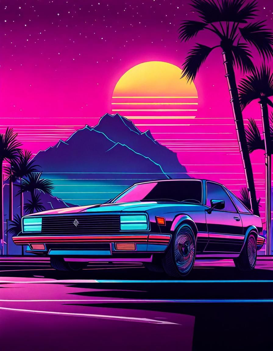 Retrowave Car in Florida Sunset Scene