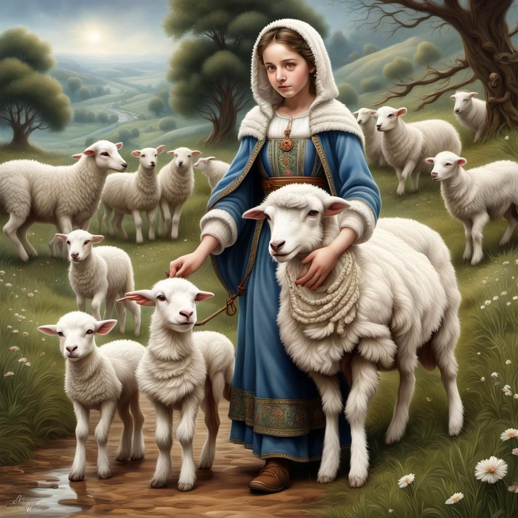 Mary and Lamb Travel in Dreamlike Countryside