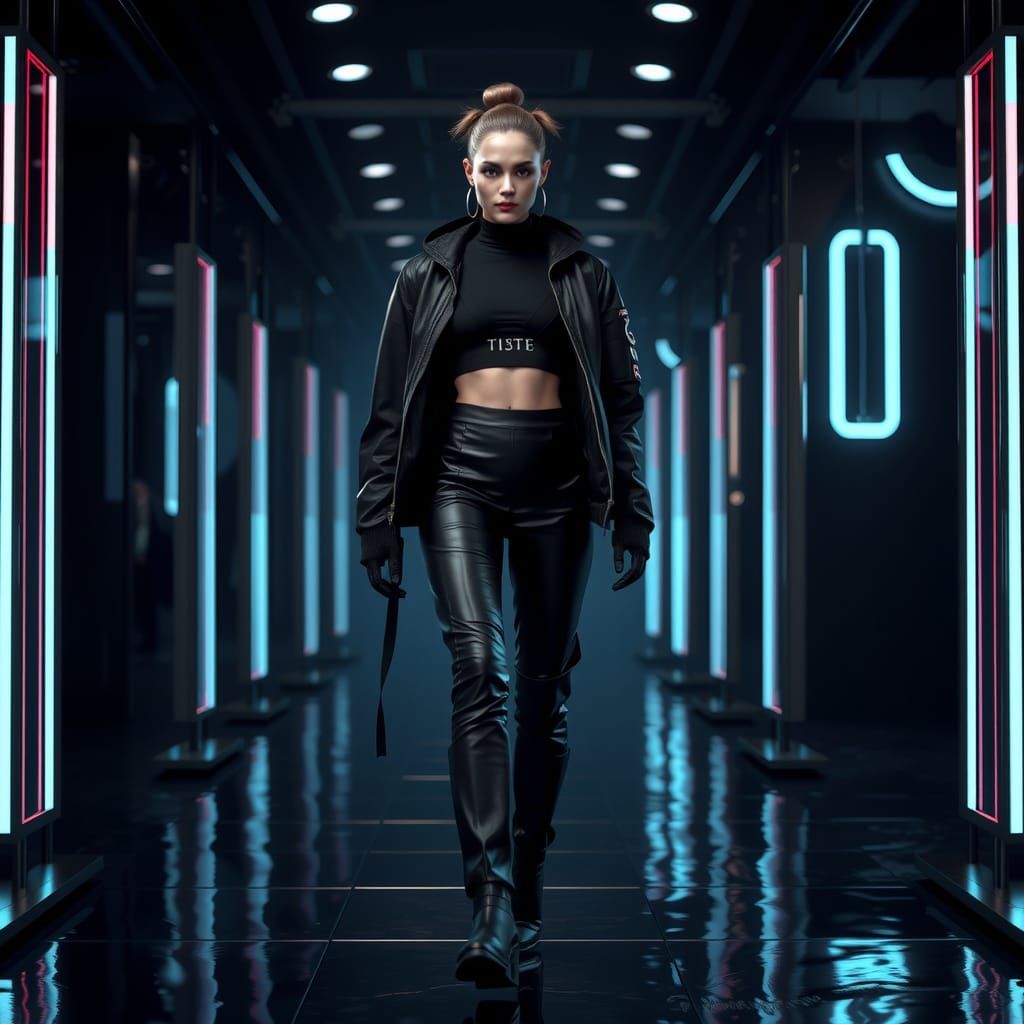 Androgynous Model on Futuristic Runway in Fashwave Style