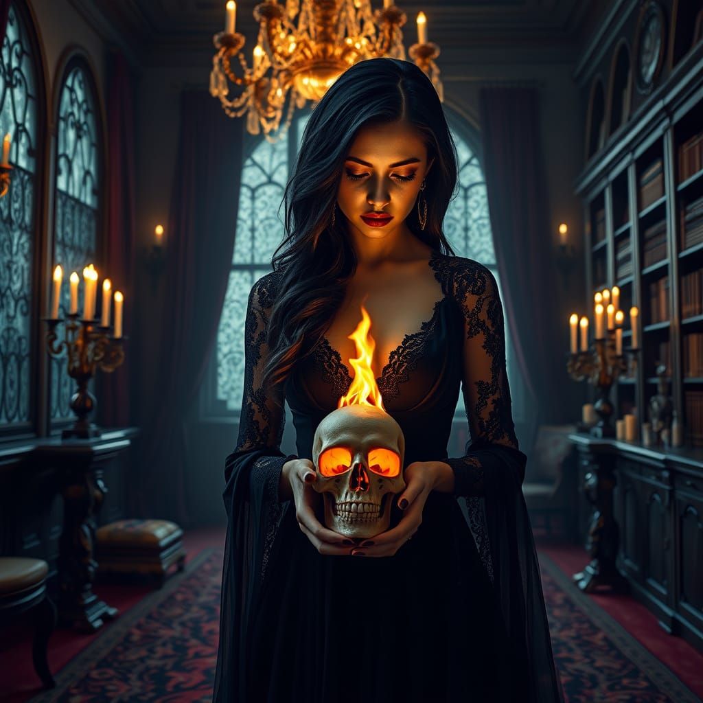 Gothic Goddess with Flaming Skull in Dark, Elegant Chamber