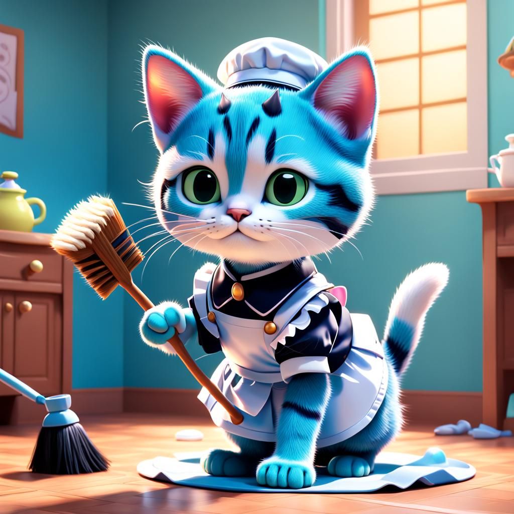 Kitten Maid Cleaning: Pixar-Style 3D Art