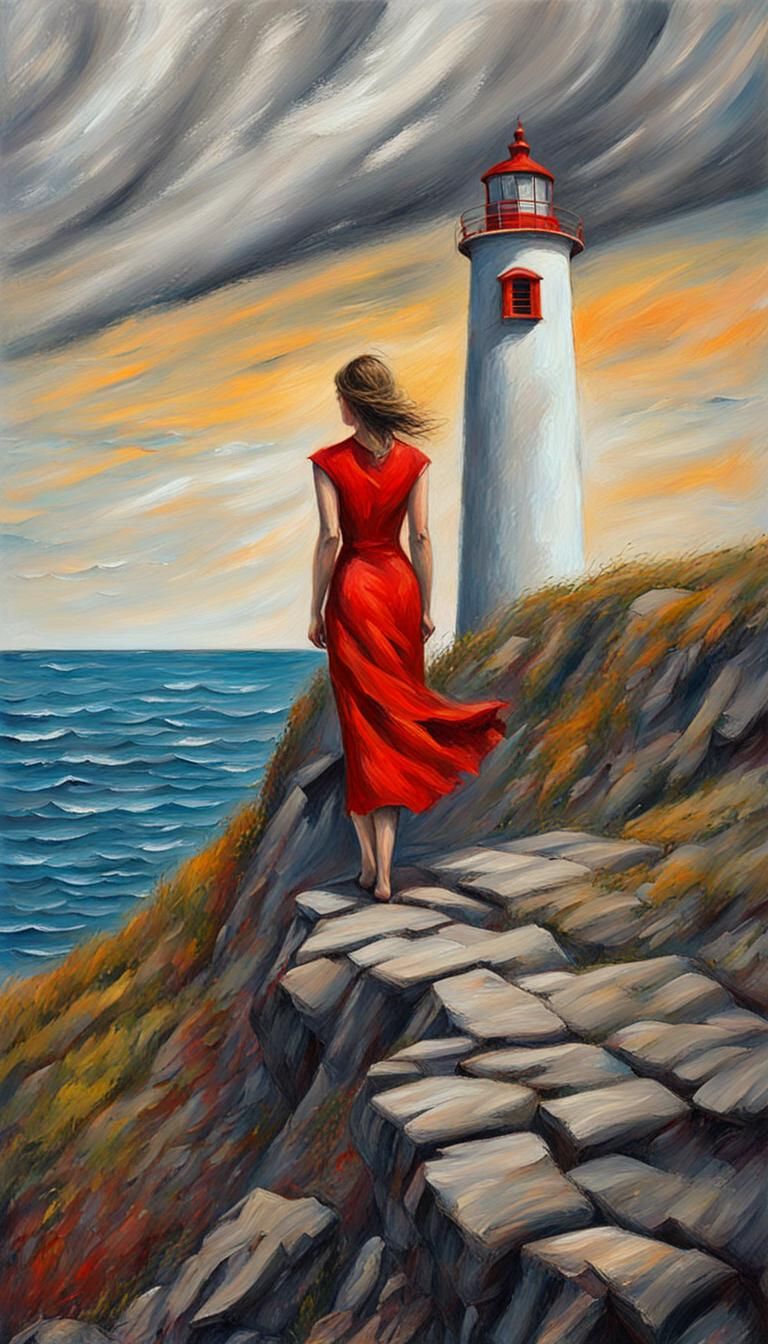 Woman in Red Dress: Expressionist Lighthouse Painting