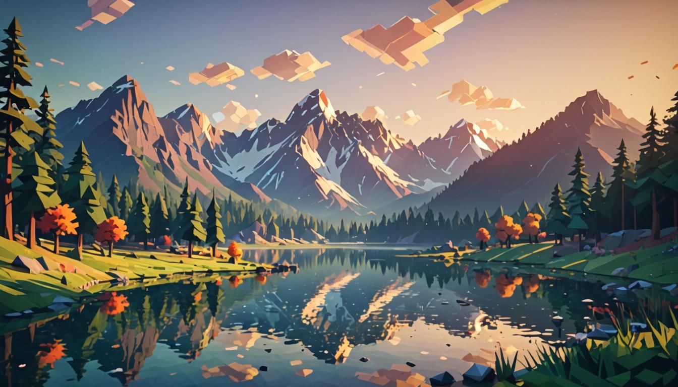 Pixelated Sunrise over Serene Low-Poly Landscape