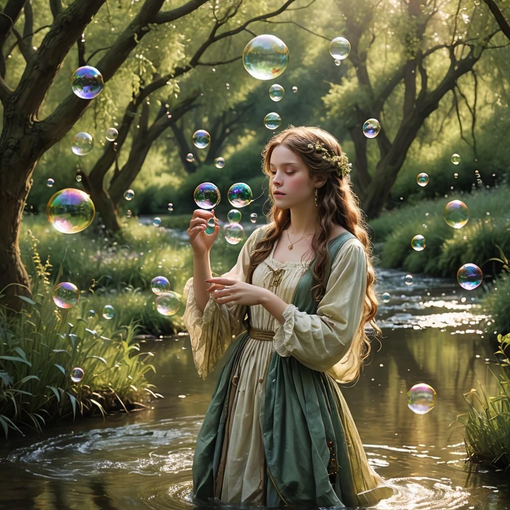 Maiden Blowing Bubbles by Willow Stream, Detailed Painting