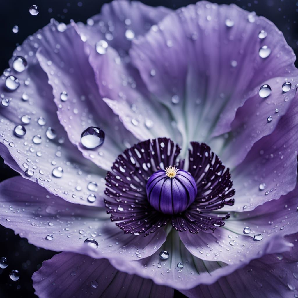 Dreamy Watercolor of a Purple Poppy with Dewdrops