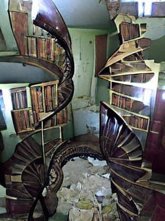 Abandoned Mansion with Spiral Staircase and Bookshelves