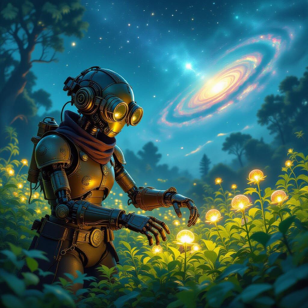 Steampunk Automaton's Bioluminescent Garden on Alien Planet