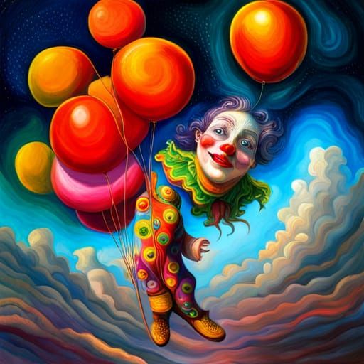 Colorful Clown Floating with Balloons, Airbrush Art