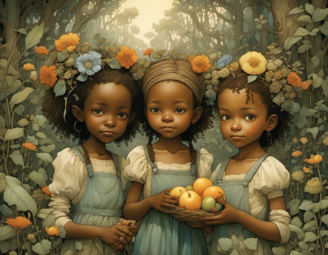 Two Smiling Girls in Warm Hyperrealistic Storybook Art