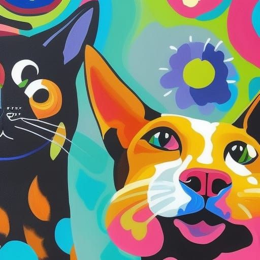 Funny Cat and Dog Selfie in Gouache Style