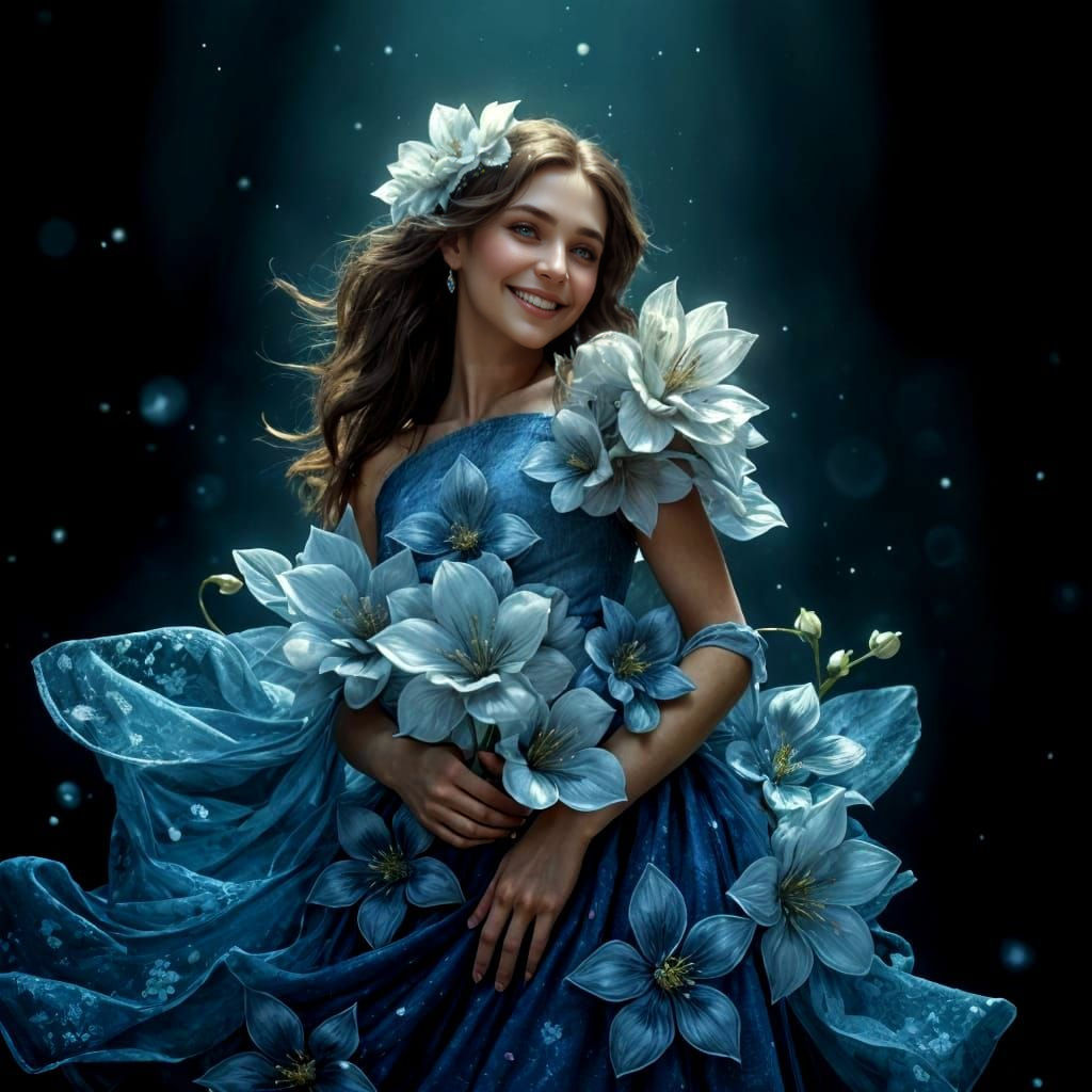 Woman in Sparkling Flower Dress: Dark Fantasy Art