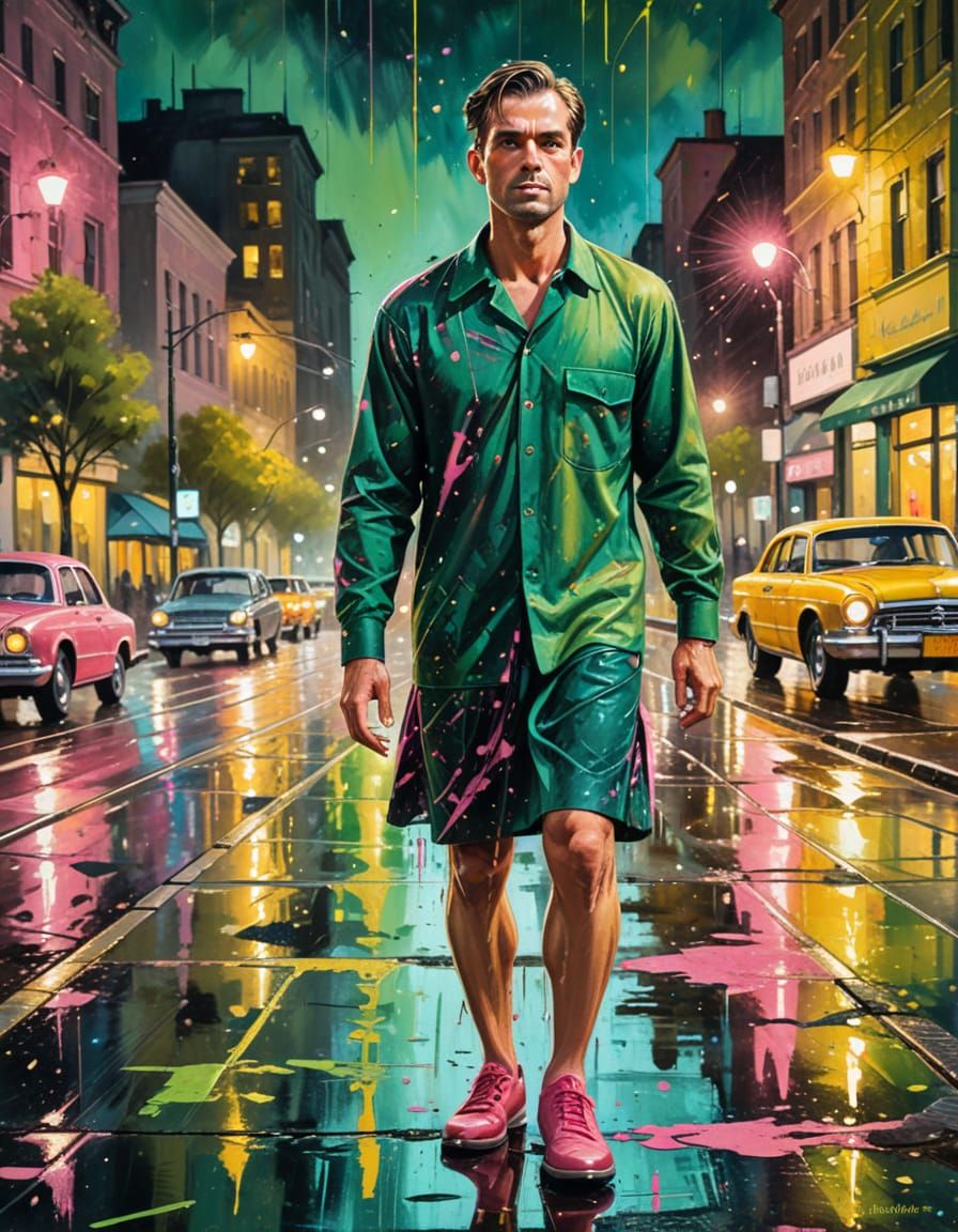 Man in Retro Cityscape: Vibrant Oil Painting